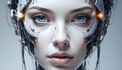 Futuristic Cyborg Portrait: A close-up view of a cyborg, a blend of human and machine. With intricate metallic components delicately interwoven with natural skin, creating a fascinating contrast.