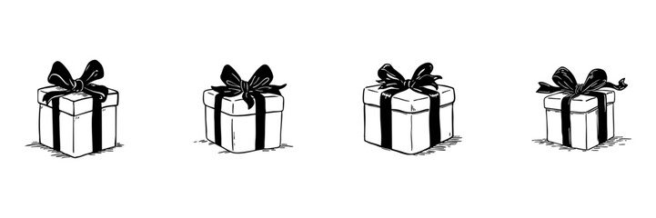 Obraz premium Gift Box With Ribbon Doodle Sketch Set. Celebration, Surprise, And Holiday Present Illustration In Hand Drawn Style Collection. Festive Gift Giving. Hand Drawn Isolated Vector Illustration