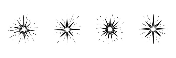 Obraz premium Starburst Explosion Doodle Sketch Set. Dynamic Energy Burst And Radiating Light Effects In Hand Drawn Style Collection. Abstract Decorative Elements. Isolated Vector Illustration