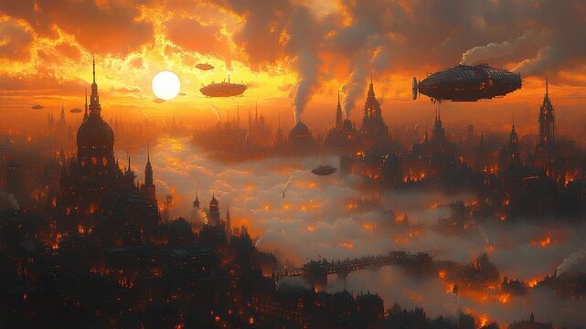 Futuristic cityscape at sunset with airships soaring