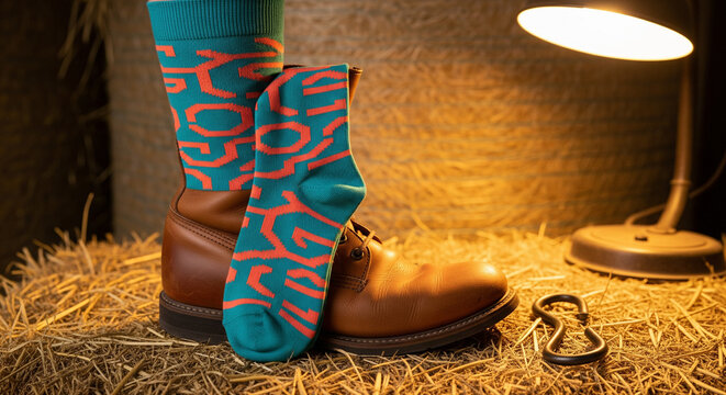 Vibrant Teal and Orange Abstract Socks on Leather Boot on Hay Bale
A highly stylized and visually engaging photograph contrasting rustic farm elements with modern fashion