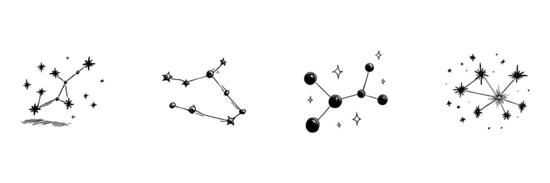 Constellation And Molecular Structure Doodle Sketch Set. Astronomy And Chemistry Concepts In Hand Drawn Style Collection. Celestial Patterns And Atomic Connections. Isolated Vector Illustration