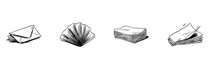 Envelopes And Paper Doodle Sketch Set. Communication, Organization, And Stationery Essentials In Hand Drawn Style Collection. Office Supplies And Correspondence Tools. Isolated Vector Illustration