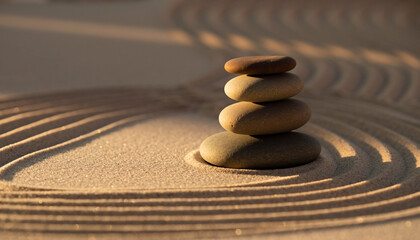 Zen Stone Stack: A balanced stack of smooth stones sits peacefully in a zen garden, the sand art patterns evoke a sense of calm and spiritual contemplation. The scene is bathed in soft, natural light.