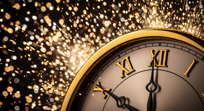Luxurious golden clock ticking towards midnight amidst a cascade of brilliant golden sparkles, capturing the excitement of a festive countdown to a new year celebration and fresh beginnings