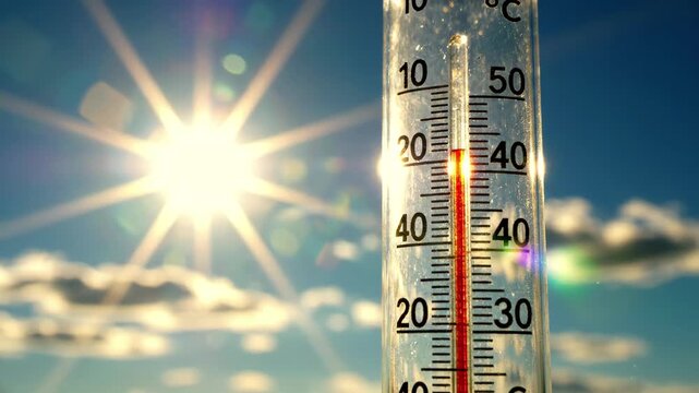 Thermometer showing high temperature on a hot sunny day with bright sun and blue sky