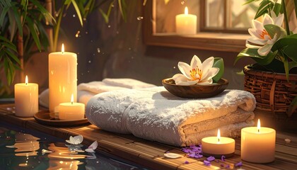 Tranquil Spa Scene: Candles and floral adornments create a serene spa ambiance, suggesting moments of relaxation, calm, and rejuvenation.