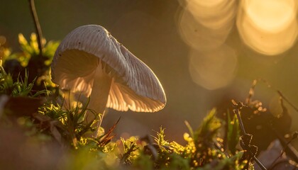 Mushroom in forest, backlit by sunlight
