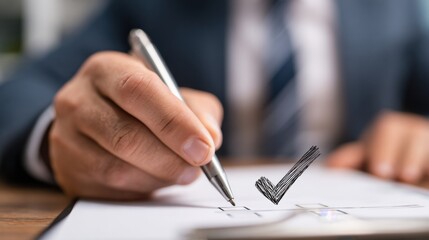 Businessman completing checklist with pen and checkmark