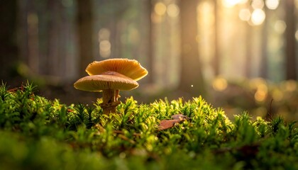 Mushroom sits on bright green moss, trees blurring in the background, glowing with soft sunlight