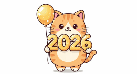 Cute orange cat holding balloon shaped 2026 celebrating new year with festive vibes and cheerful expression.