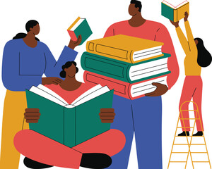 Diverse group of Black adults demonstrating academic collaboration, studying and reading numerous textbooks, literature, and knowledge resources, emphasizing teamwork, literacy, and lifelong learning