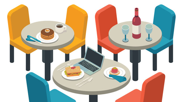 Colorful isometric vector graphic of three contemporary restaurant tables highlighting diverse settings: remote work with laptop, a casual lunch sandwich, rich dessert and coffee, and an evening wine