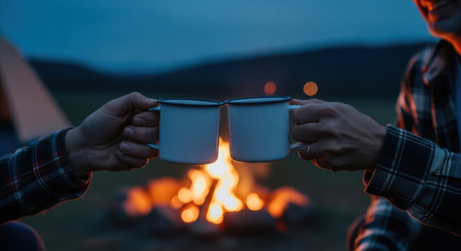 couple toasting with enamel mugs over glowing campfire at dusk. romantic outdoor adventure and cozy evening in nature. camping getaway concept. banner, website header.