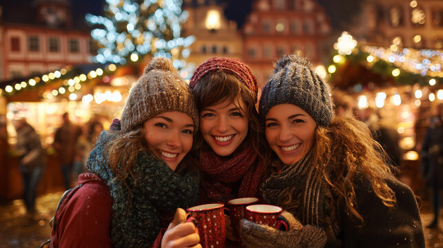 Friends Drinking Hot Tea at Christmas Market