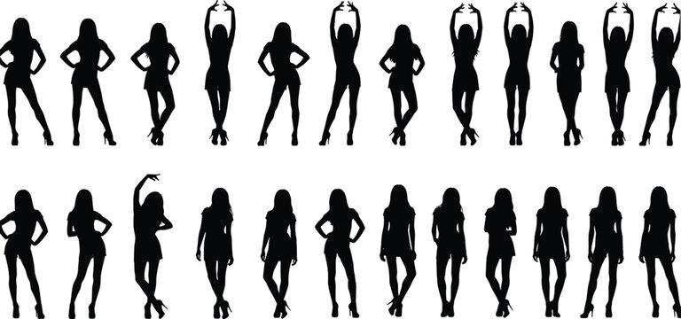 Female silhouette, standing pose, fashion model, body posture, elegant stance, black design, artistic reference, woman figure, flat vector