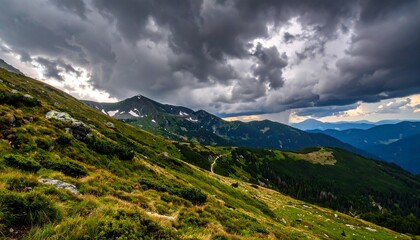 Fototapeta premium Moody landscape featuring a green hillside leading toward distant peaks under a dramatic, cloudy sky