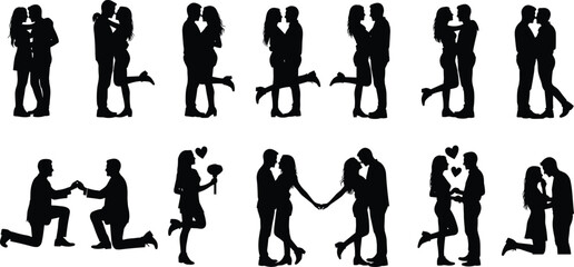 Romantic couple silhouette poses, love gestures, kissing, hugging, proposal, heart symbols, relationship moments, black figures, affection icons, flat vector