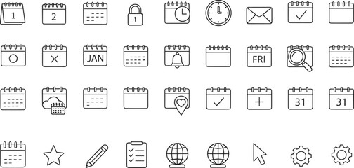A comprehensive vector collection of black outline icons for managing calendars, scheduling tasks, tracking time, handling communication, and planning events