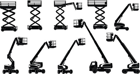 Aerial work platform silhouettes, scissor lift, boom lift, elevated access machines, construction equipment, maintenance tools, black icons, flat vector