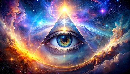 Mystical eye inside a triangle, surrounded by colorful cosmos with nebulae, stars, and cosmic clouds