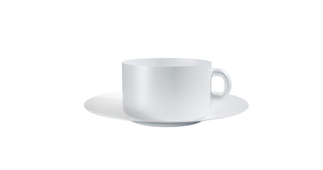 White ceramics porcelain cup with saucer glowing on transparent background