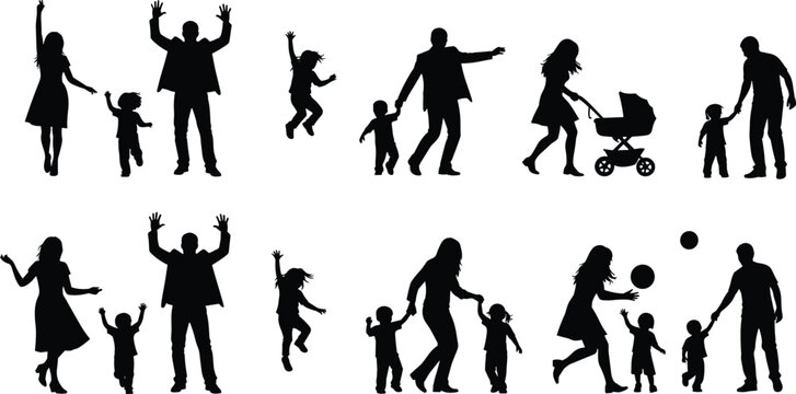 Family silhouette scenes, parenting, children activities, walking, playing, dancing, bonding moments, stroller pushing, holding hands, black figures, flat vector