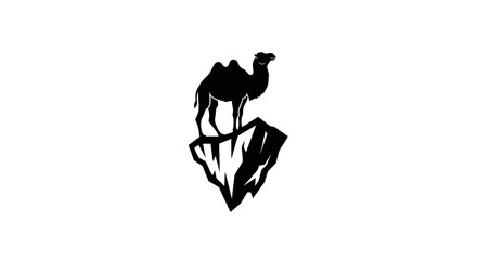 Black silhouette of a dromedary camel standing on a rocky mountain peak.