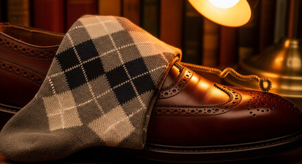 Close-up of Luxurious Leather Brogue Shoe with Classic Argyle Sock Under Lamp
A richly detailed, moody close-up photograph showcasing classic men's formal or business attire