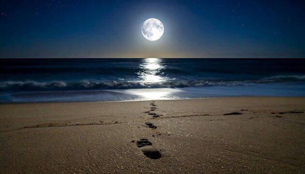 Moonlit beach scene waves lapping, footprints in the sand under a bright full moon in the clear night sky