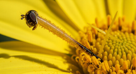 Macro of Long-Bodied Hoverfly Head Feeding Deep in Bright Yellow Flower
An extraordinary close-up macro photograph capturing the front half of a striking insect, likely a type of long-bodied hoverfly