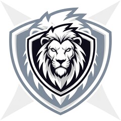 Powerful lion emblem logo for sports team or brand identity, showcasing strength and courage in a modern, eye-catching design with geometric shield