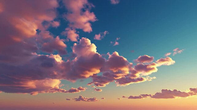 Vibrant sunset sky with fluffy clouds painted in warm orange, pink, and purple hues