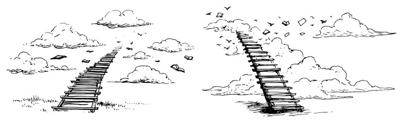 Hand-drawn vector sketch of a wooden ladder or stairs leading up into the clouds and sky symbolizing dreams success and ambition © Kaz