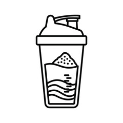 Outline icon of a protein shaker bottle with powder and liquid inside, isolated on