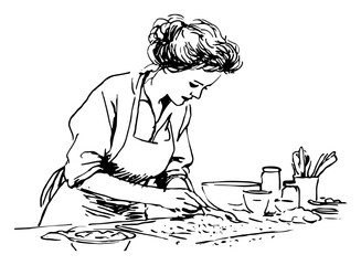 Vintage woman cooking and chopping ingredients in kitchen – detailed black line-art vector illustration