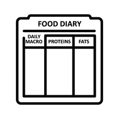 Black and white icon representing a food diary or nutrition log for tracking daily macro, protein, and fat intake, isolated on