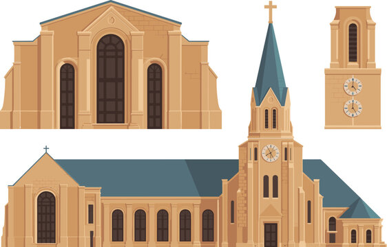 Detailed architectural vector illustration of a traditional Christian church building with a tall cross-topped steeple, clock tower, and stone facade structure elevation for historic preservation, fai