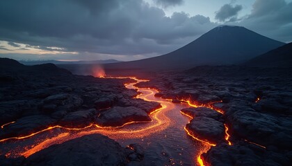Molten lava river flows through dark volcanic rock landscape under cloudy sky at dusk. Distant volcano peak with snow cap. Fiery glow illuminates scene.