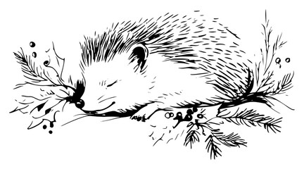Hand-drawn vector sketch of a cute sleeping hedgehog resting among pine branches and berries for winter or christmas decoration