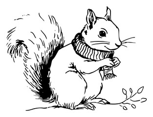 Hand-drawn vector sketch of a cute squirrel wearing a cozy knitted scarf ready for winter or autumn season