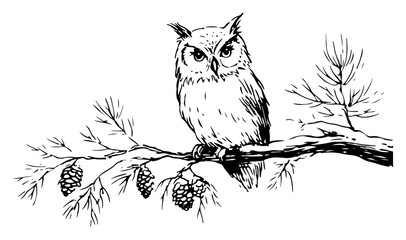 Obraz premium Hand-drawn vector sketch of a wise owl perched on a pine tree branch with pinecones in a natural forest setting