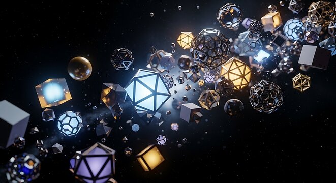 Abstract Geometric Shapes Floating in Space with Glowing Lights.