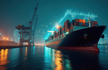 Large cargo ship loaded with containers docks at a port city at night. Cranes load and unload goods from the freighter. Global shipping and logistics operate with digital network overlays.