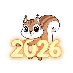 Cute cartoon squirrel posing with glowing 2026 numbers in a festive scene.