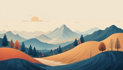 Minimal Mountain Valley Illustration at Sunset