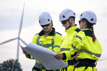 Construction team reviews project plans at wind farm site during daylight hours