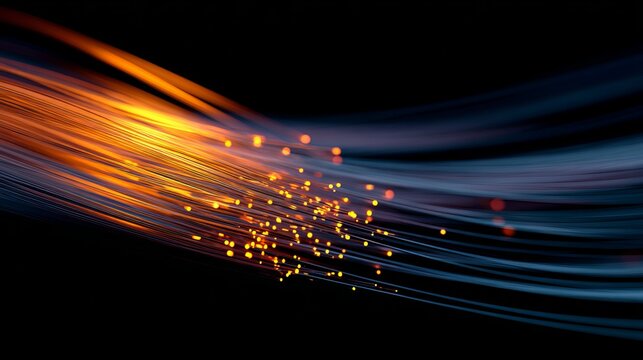 Glowing fiber optic light strands fanning out with warm bright tips against deep indigo-black background, abstract tech energy scene.