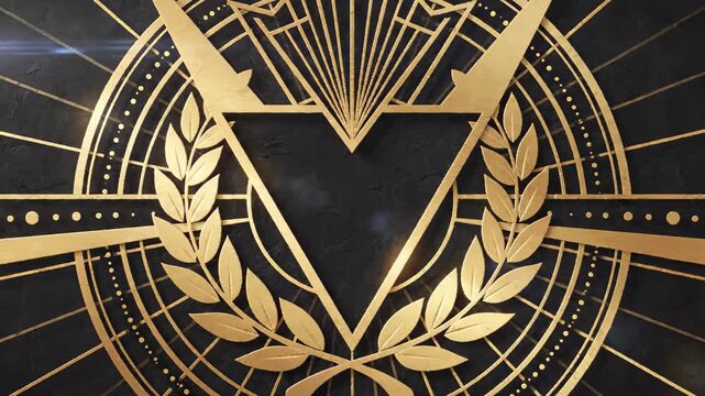 Elegant art deco style golden emblem with laurel wreaths and geometric patterns on a dark background