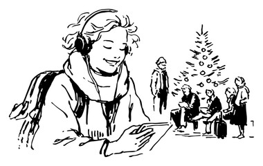 Hand-drawn vector sketch of a female traveler with a backpack and headphones waiting at an airport or station near a christmas tree